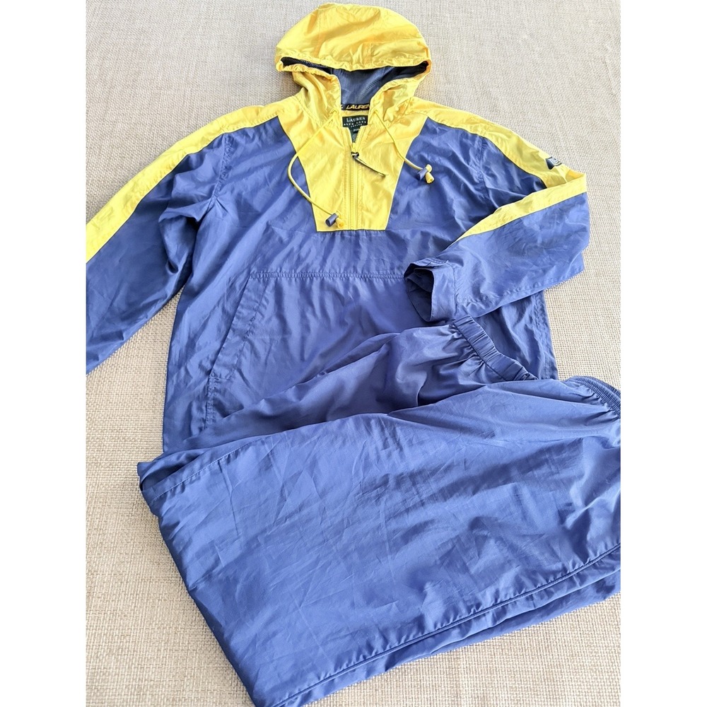 Ralph Lauren Windbreaker Tracksuit Jacket Pant 90s Jogger Set Petite Blue Yellow